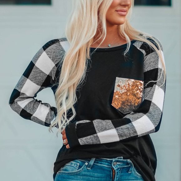 NEW! Black White Buffalo Check Sleeve Shirt Sequin - Picture 7 of 14